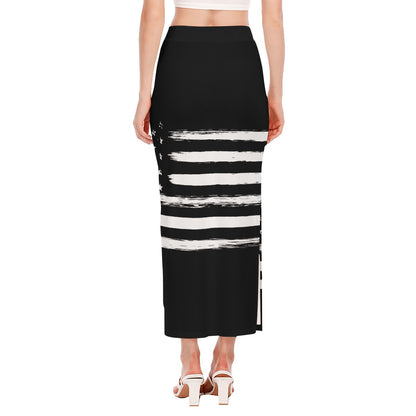 Black And White USA Flag Print Side Slit Maxi Skirt