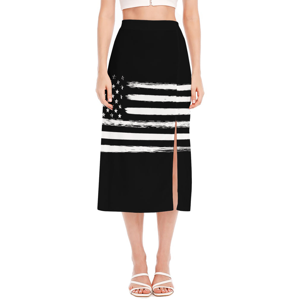 Black And White USA Flag Print Side Slit Midi Skirt