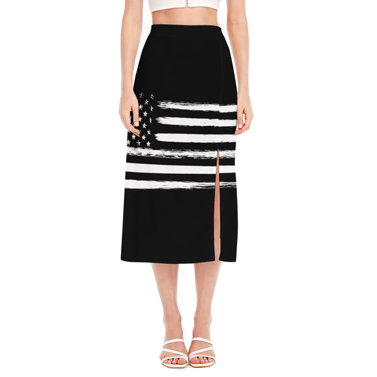 Black And White USA Flag Print Side Slit Midi Skirt