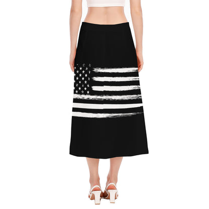 Black And White USA Flag Print Side Slit Midi Skirt
