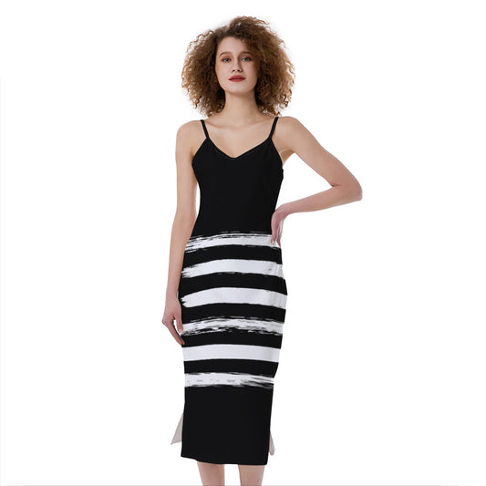 Black And White USA Flag Print Slim Fit Midi Cami Dress