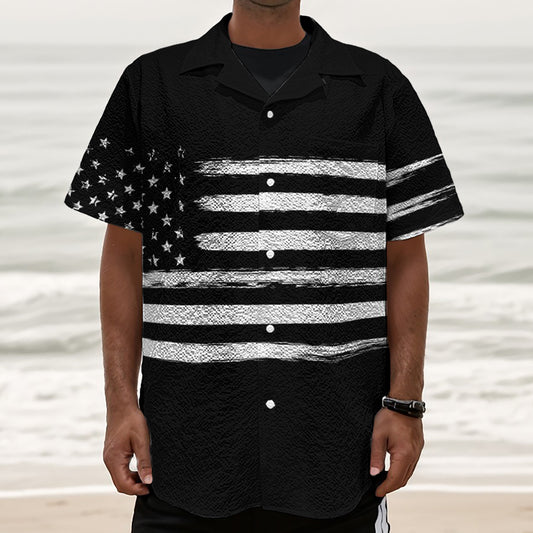 Black And White USA Flag Print Textured Short Sleeve Shirt