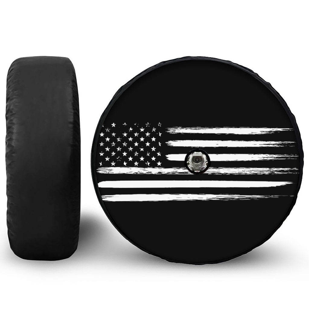 Black And White USA Flag Print Tire Cover With Camera Hole