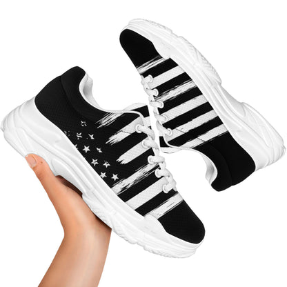 Black And White USA Flag Print White Chunky Shoes