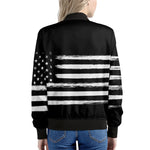 Black And White USA Flag Print Women's Bomber Jacket