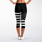 Black And White USA Flag Print Women's Capri Leggings