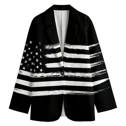 Black And White USA Flag Print Women's Cotton Blazer