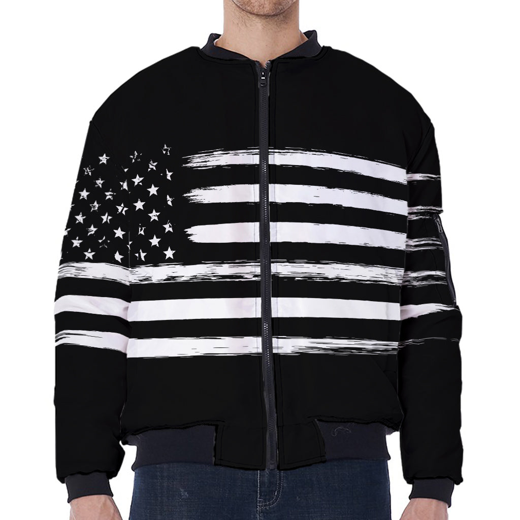 Black And White USA Flag Print Zip Sleeve Bomber Jacket