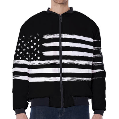 Black And White USA Flag Print Zip Sleeve Bomber Jacket