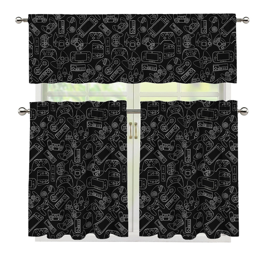 Black And White Video Game Pattern Print 3 Piece Kitchen Curtains