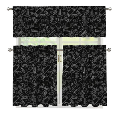 Black And White Video Game Pattern Print 3 Piece Kitchen Curtains