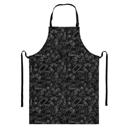 Black And White Video Game Pattern Print Bib Apron With Pocket