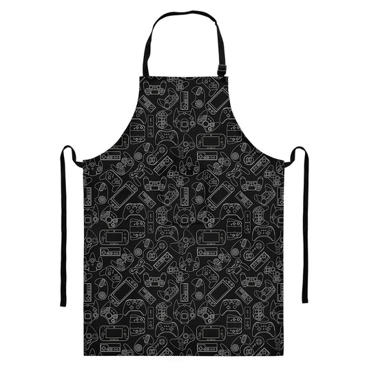 Black And White Video Game Pattern Print Bib Apron With Pocket