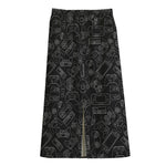Black And White Video Game Pattern Print Cotton Front Slit Maxi Skirt