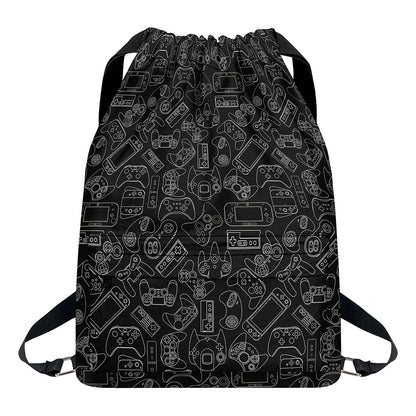 Black And White Video Game Pattern Print Drawstring Backpack