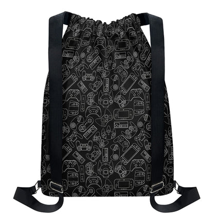 Black And White Video Game Pattern Print Drawstring Backpack