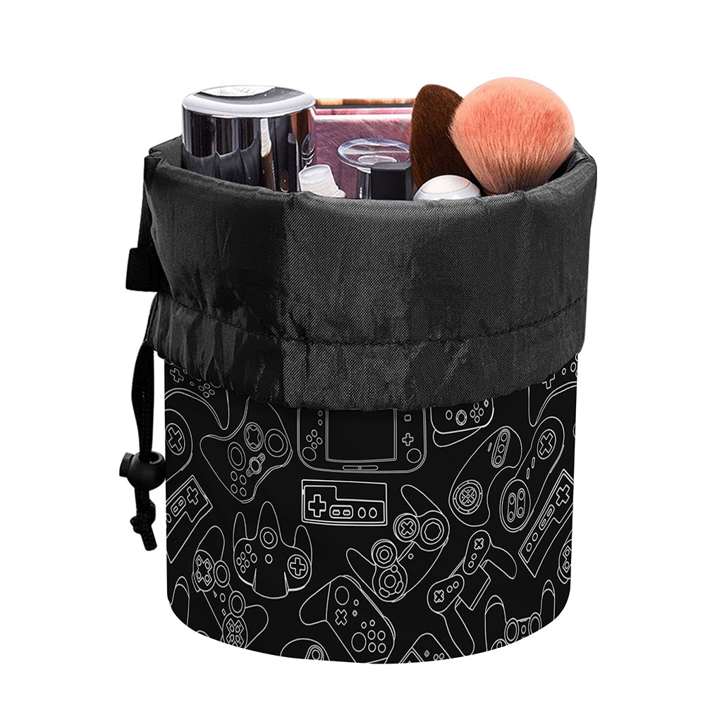 Black And White Video Game Pattern Print Drawstring Makeup Bag