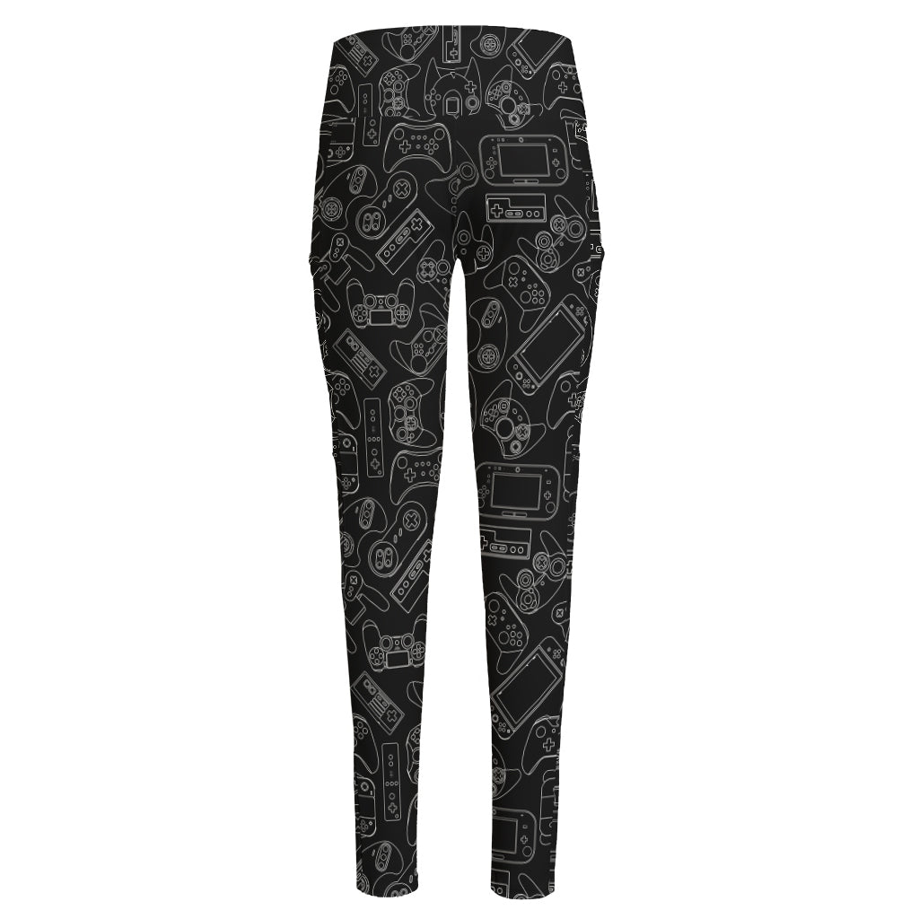 Black And White Video Game Pattern Print High-Waisted Pocket Leggings