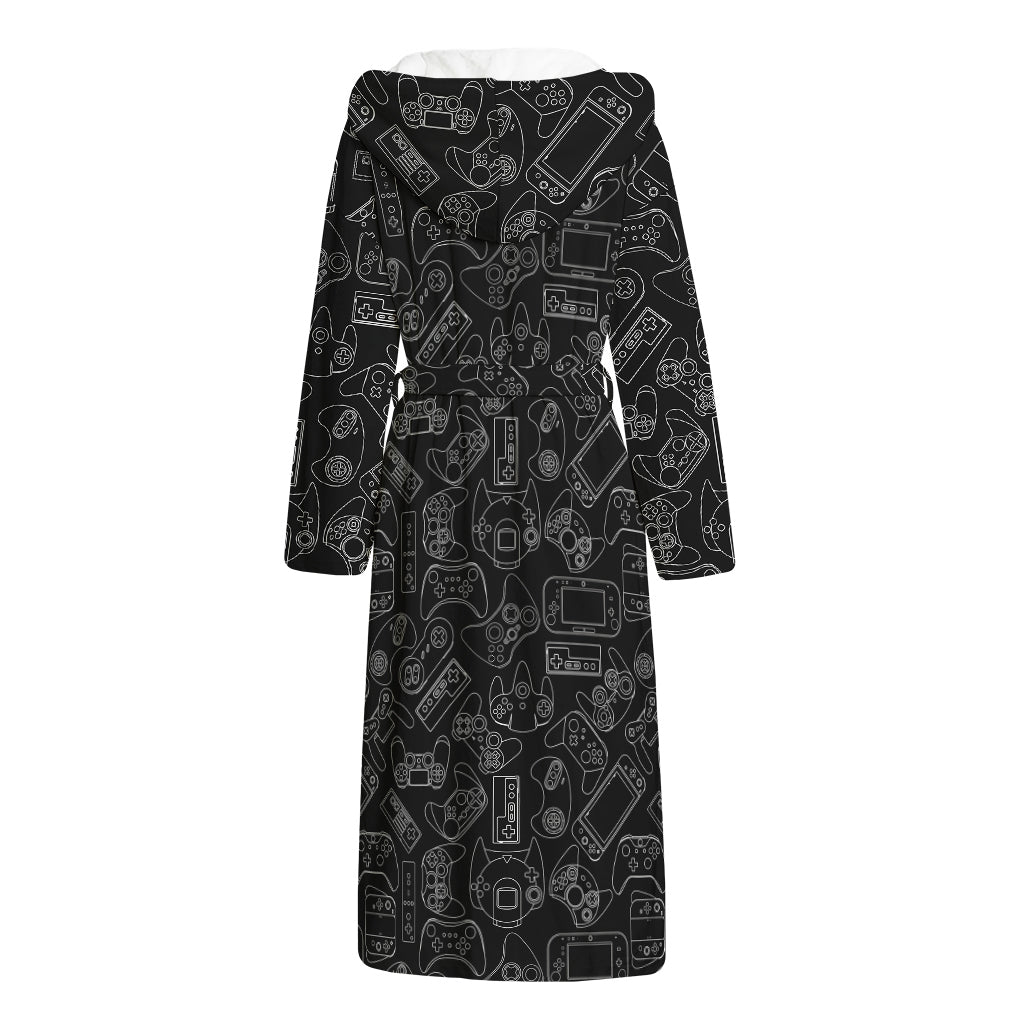 Black And White Video Game Pattern Print Hooded Bathrobe