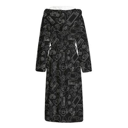 Black And White Video Game Pattern Print Hooded Bathrobe