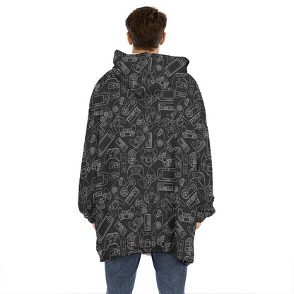Black And White Video Game Pattern Print Hoodie Blanket