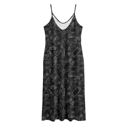 Black And White Video Game Pattern Print Jersey Midi Cami Dress