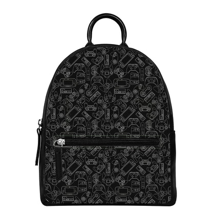 Black And White Video Game Pattern Print Leather Backpack