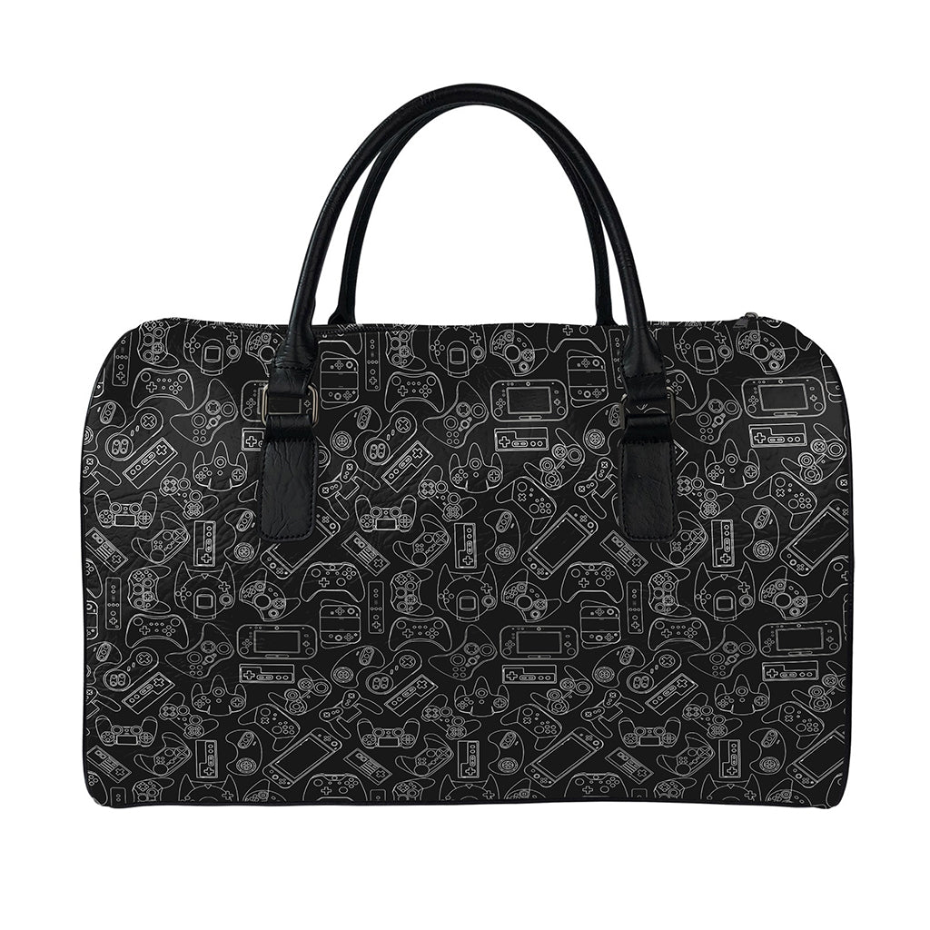 Black And White Video Game Pattern Print Leather Duffle Bag