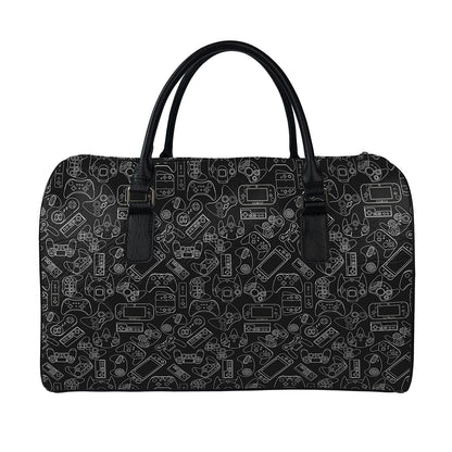 Black And White Video Game Pattern Print Leather Duffle Bag