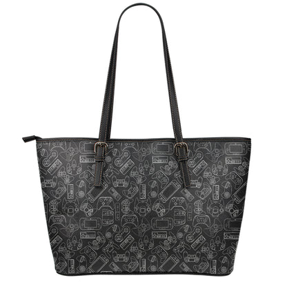 Black And White Video Game Pattern Print Leather Tote Bag