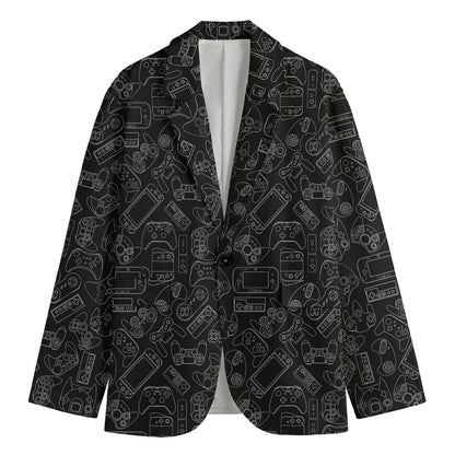 Black And White Video Game Pattern Print Men's Cotton Blazer