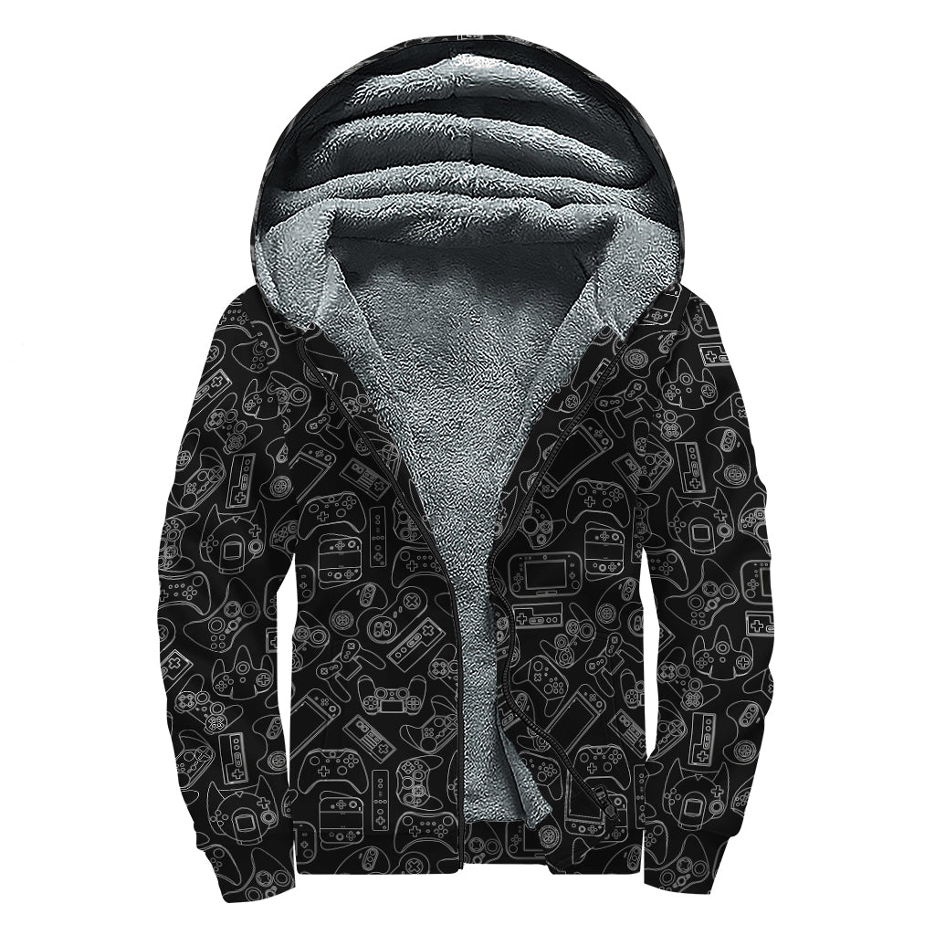Black And White Video Game Pattern Print Sherpa Lined Zip Up Hoodie