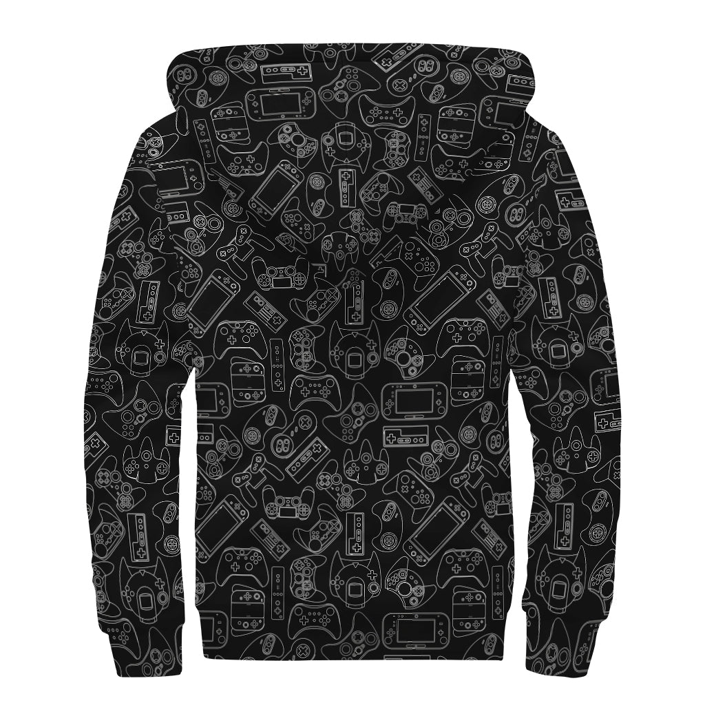 Black And White Video Game Pattern Print Sherpa Lined Zip Up Hoodie