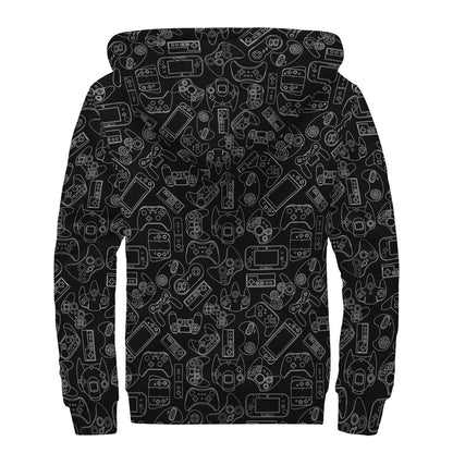 Black And White Video Game Pattern Print Sherpa Lined Zip Up Hoodie