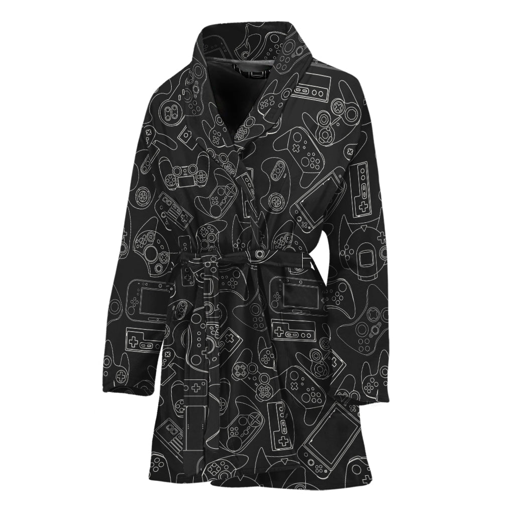 Black And White Video Game Pattern Print Women's Bathrobe