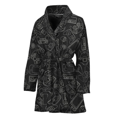 Black And White Video Game Pattern Print Women's Bathrobe