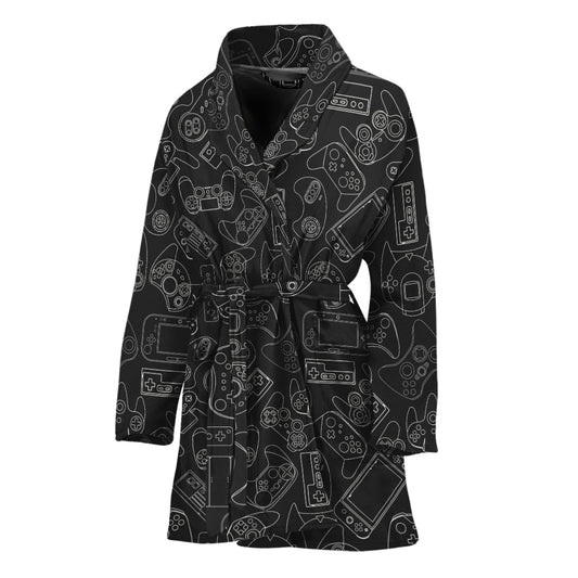 Black And White Video Game Pattern Print Women's Bathrobe