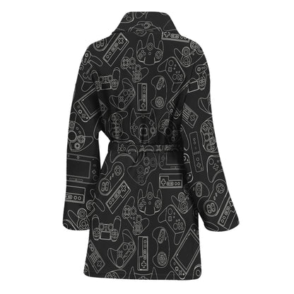 Black And White Video Game Pattern Print Women's Bathrobe