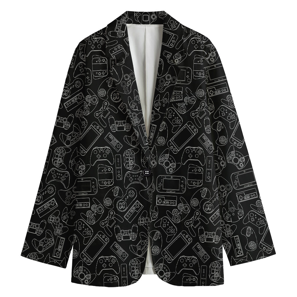 Black And White Video Game Pattern Print Women's Cotton Blazer
