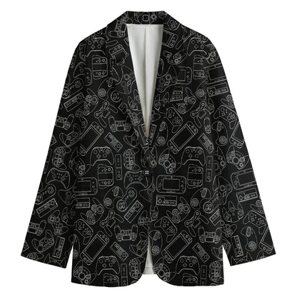 Black And White Video Game Pattern Print Women's Cotton Blazer
