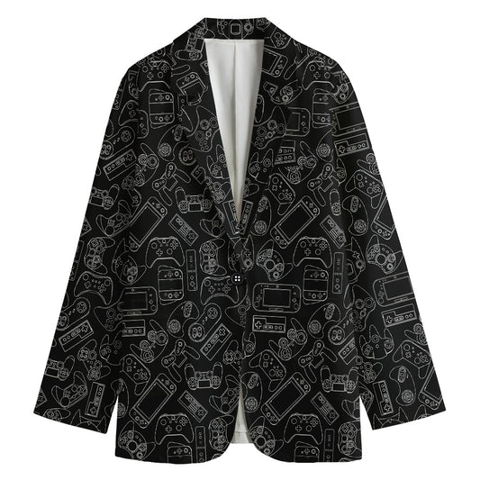 Black And White Video Game Pattern Print Women's Cotton Blazer