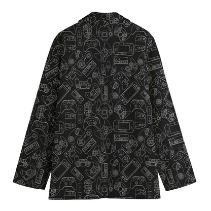Black And White Video Game Pattern Print Women's Cotton Blazer