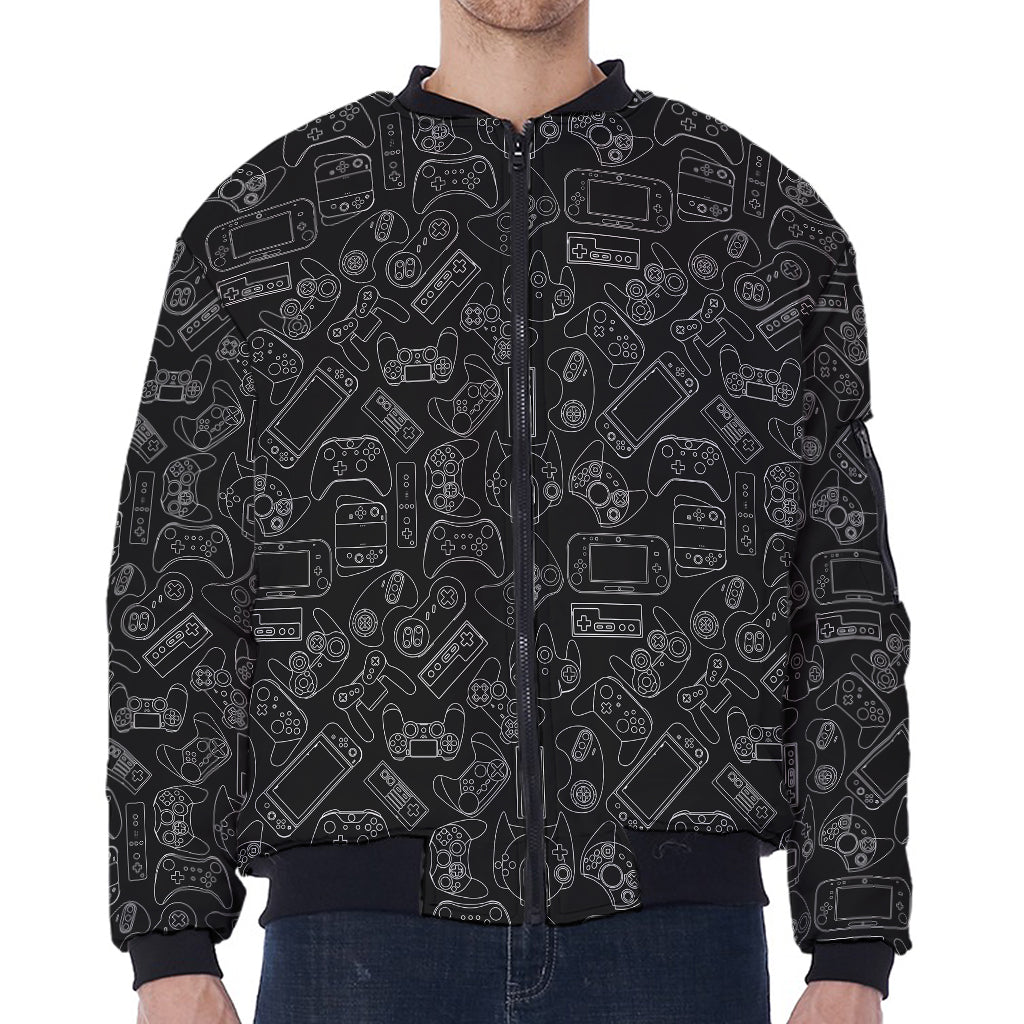 Black And White Video Game Pattern Print Zip Sleeve Bomber Jacket