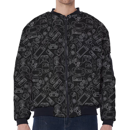 Black And White Video Game Pattern Print Zip Sleeve Bomber Jacket