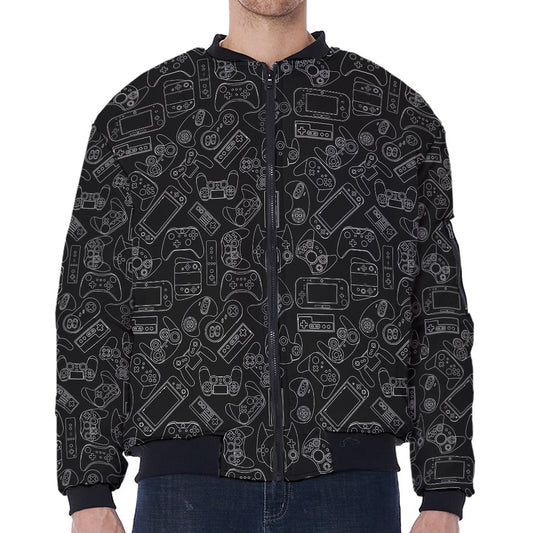 Black And White Video Game Pattern Print Zip Sleeve Bomber Jacket