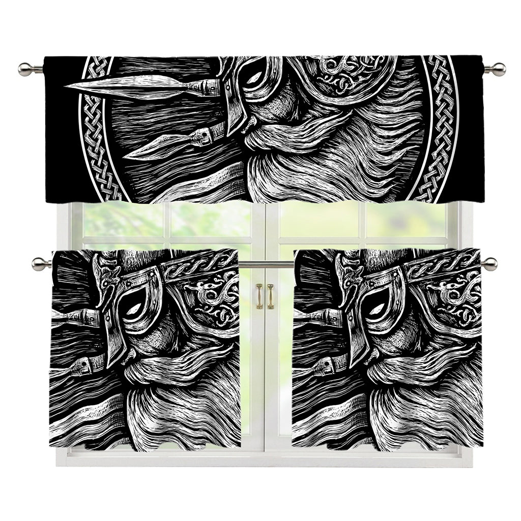 Black And White Viking God Odin Print 3 Piece Kitchen Curtains