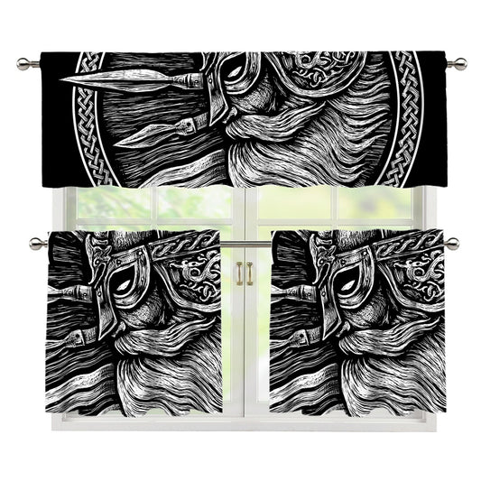 Black And White Viking God Odin Print 3 Piece Kitchen Curtains