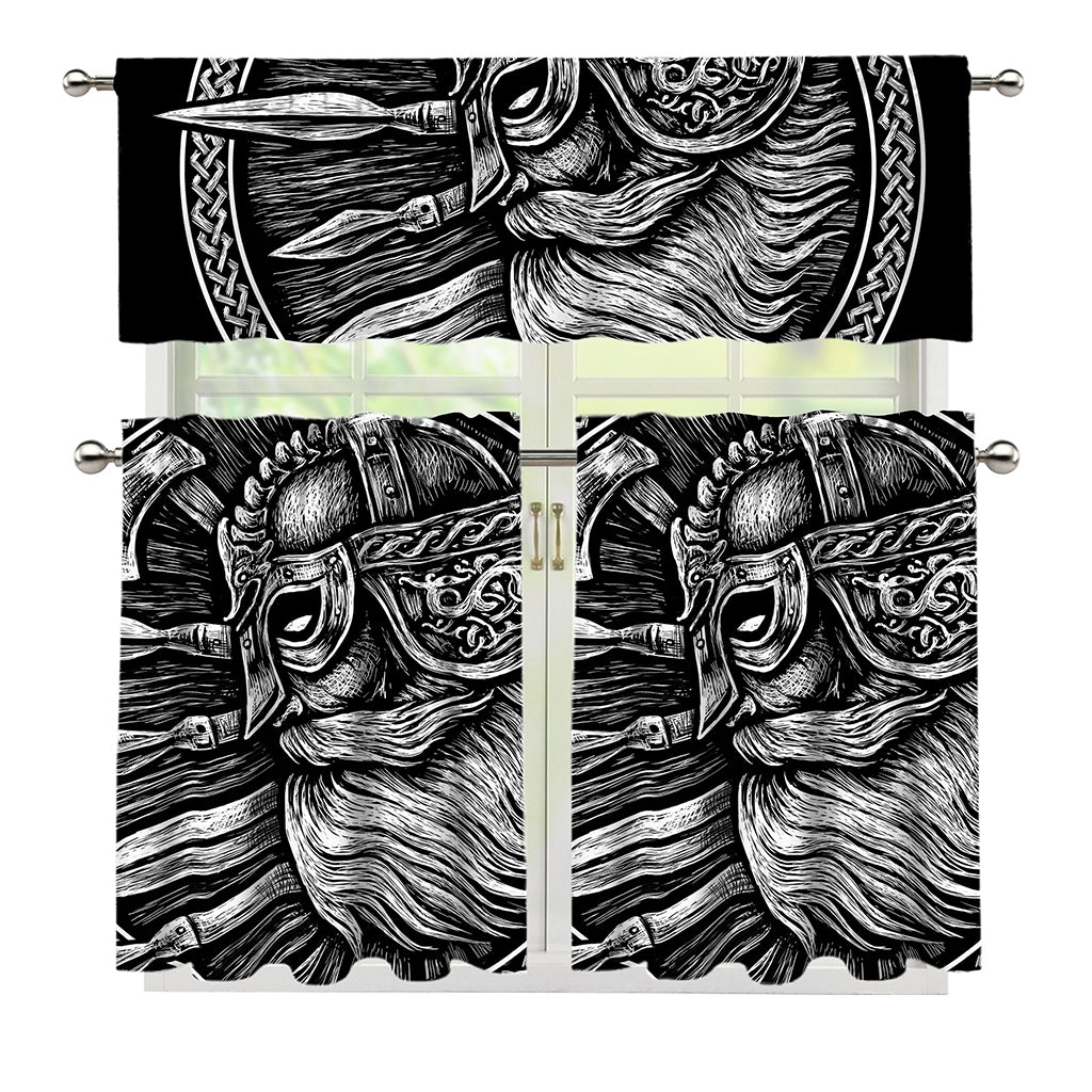 Black And White Viking God Odin Print 3 Piece Kitchen Curtains