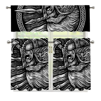Black And White Viking God Odin Print 3 Piece Kitchen Curtains