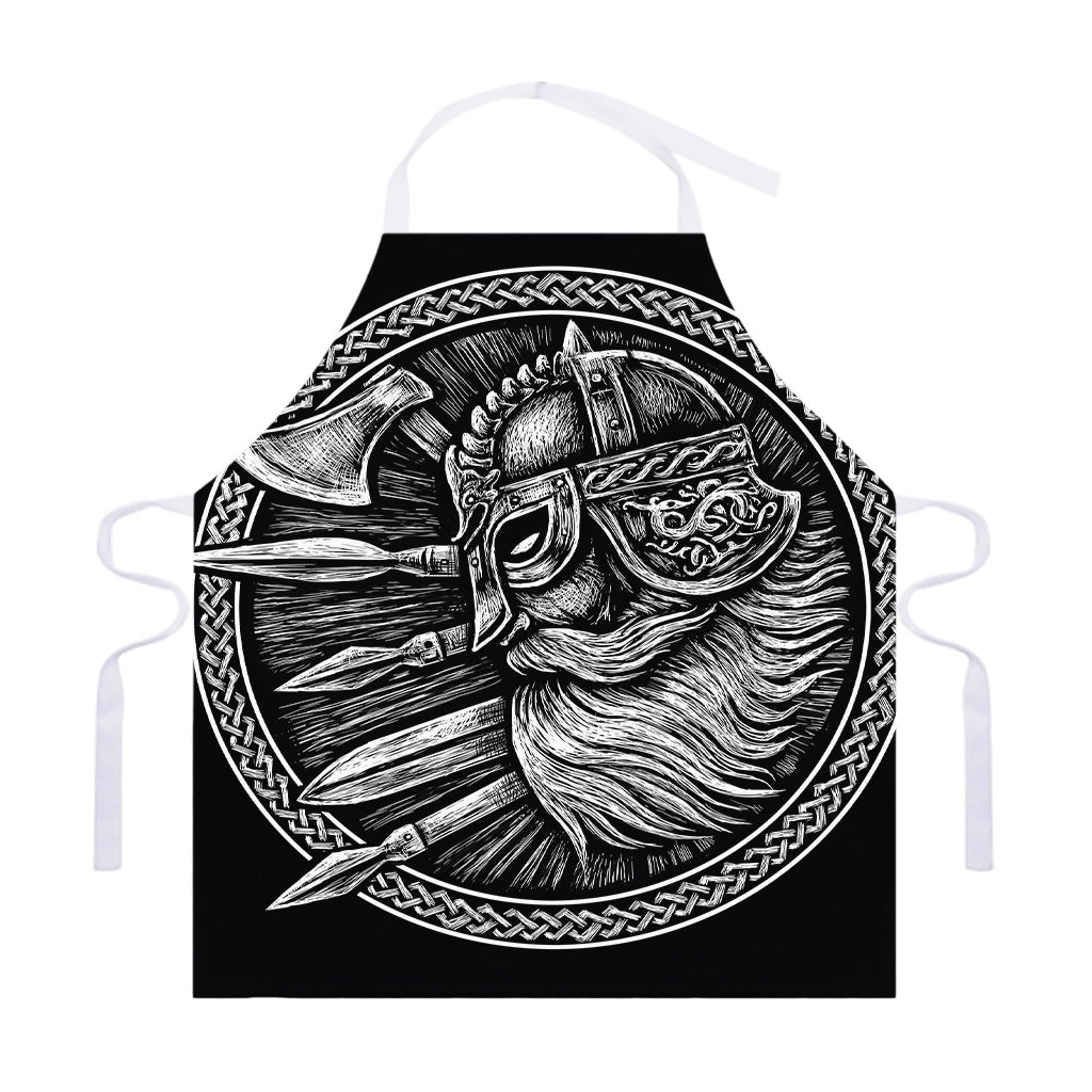 Black And White Viking God Odin Print Adjustable Apron